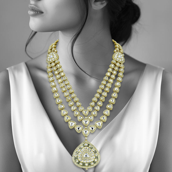 Layered Bridal Polki Necklace with Intricate Pendant